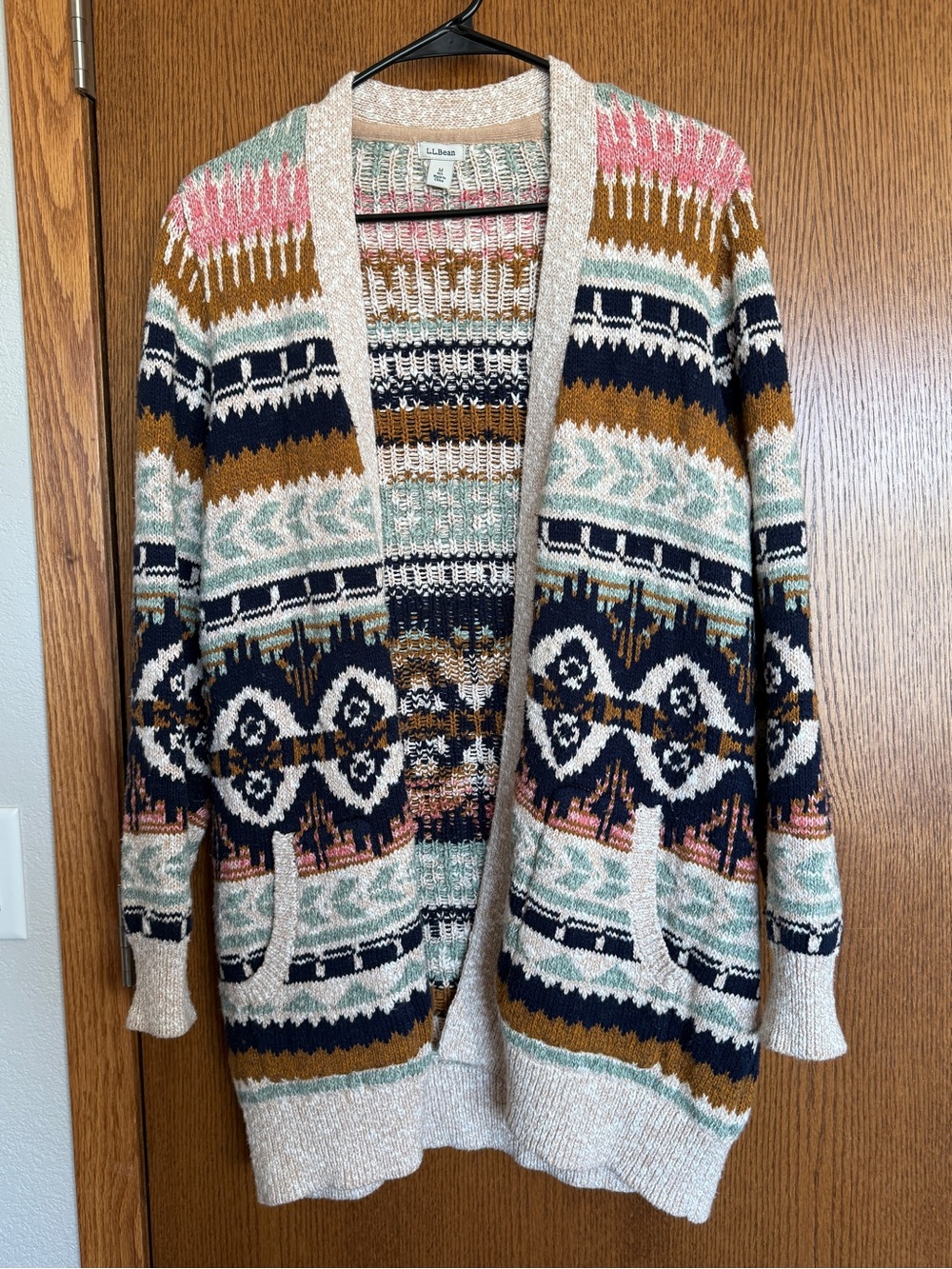 L.L. Bean Fair Isle Open-Front Cardigan in Navy, Cream, Mustard & Mint